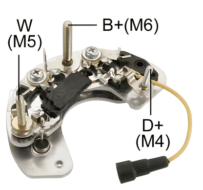 alternator rectifier with labeled parts on a white background