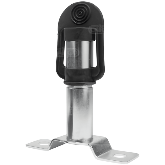 Metal din type beacon mount with black clip on a white background