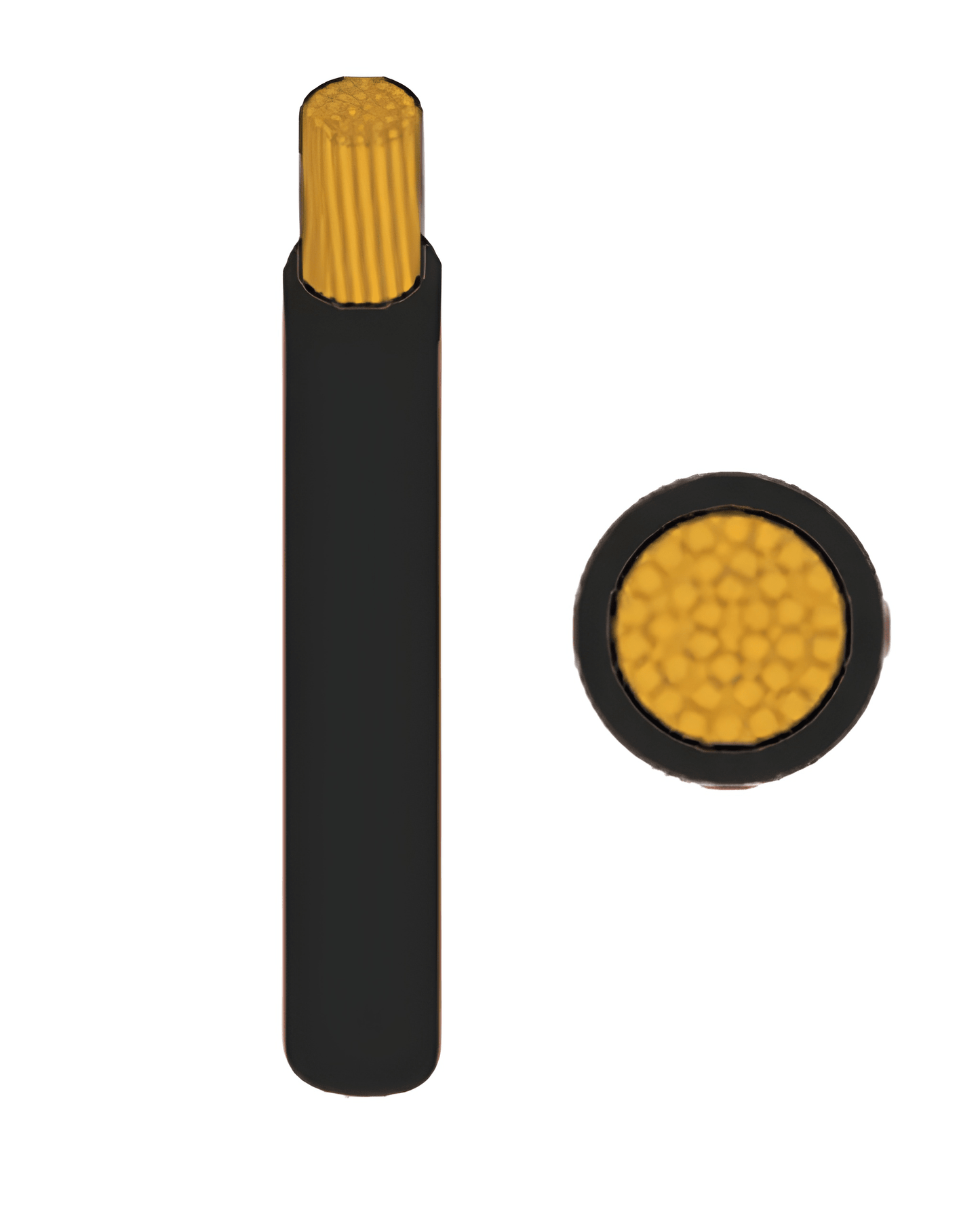 Illustration of a black automotive wire, showing a side view with its multi-strand copper conductor exposed, alongside a circular cross-section. available in 50M and 100M reels