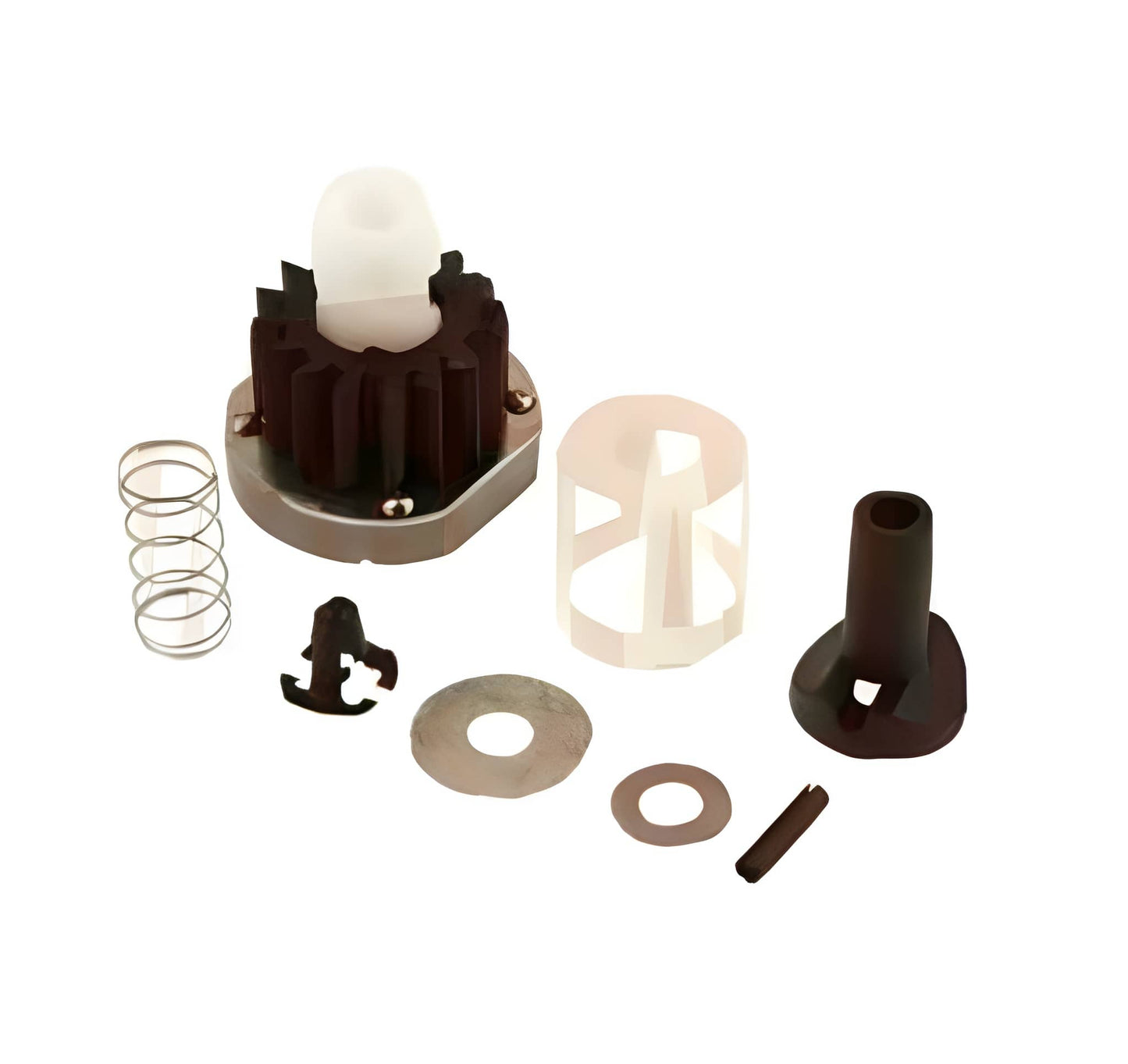 Mechanical parts including gears, springs, and washers on a white background