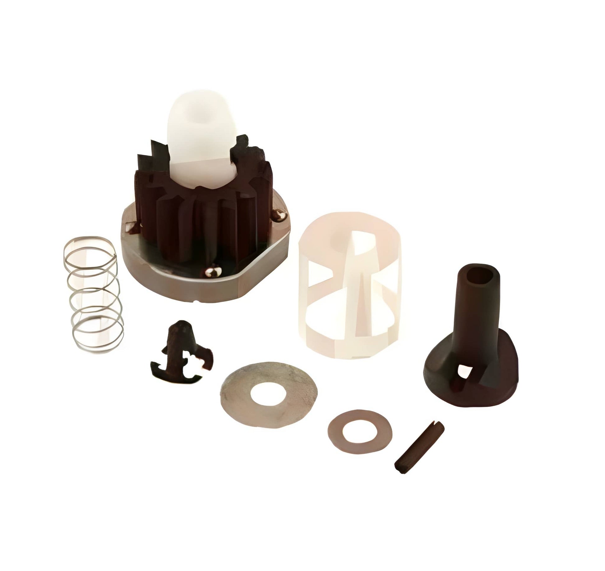 Mechanical parts including gears, springs, and washers on a white background