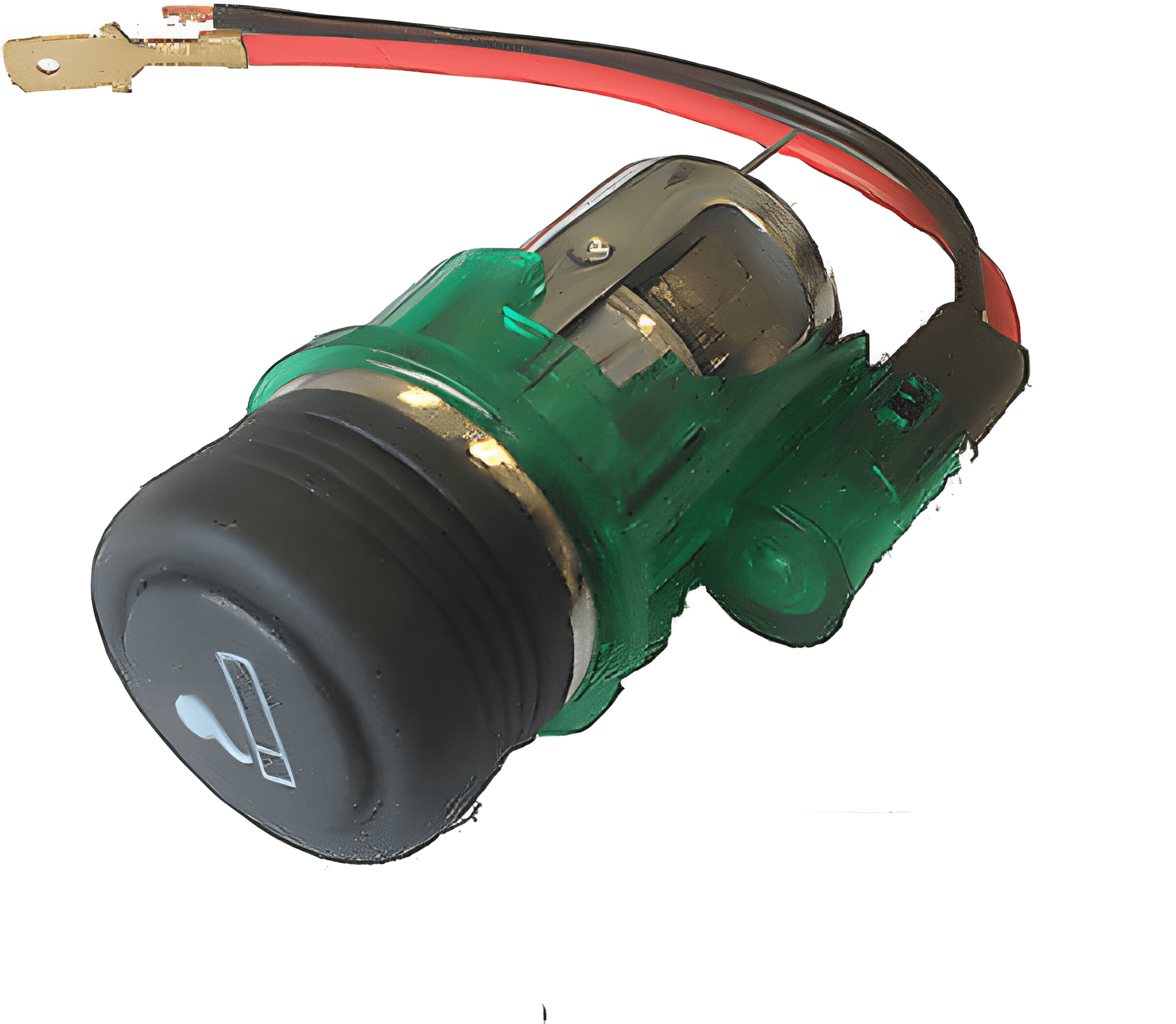 Green and black electrical vehicle cigarette lighter with wires on a white background
