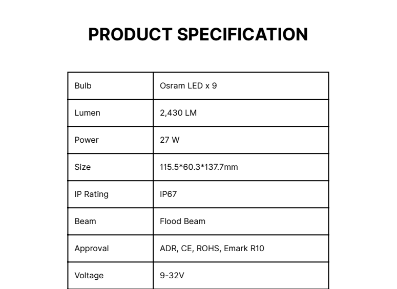 specifications table for Daltec D-LIG-04008 10V-30V 27W round LED flood work lamp, 2430 lumens, IP67 waterproof.