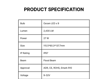 specifications table for Daltec D-LIG-04008 10V-30V 27W round LED flood work lamp, 2430 lumens, IP67 waterproof.