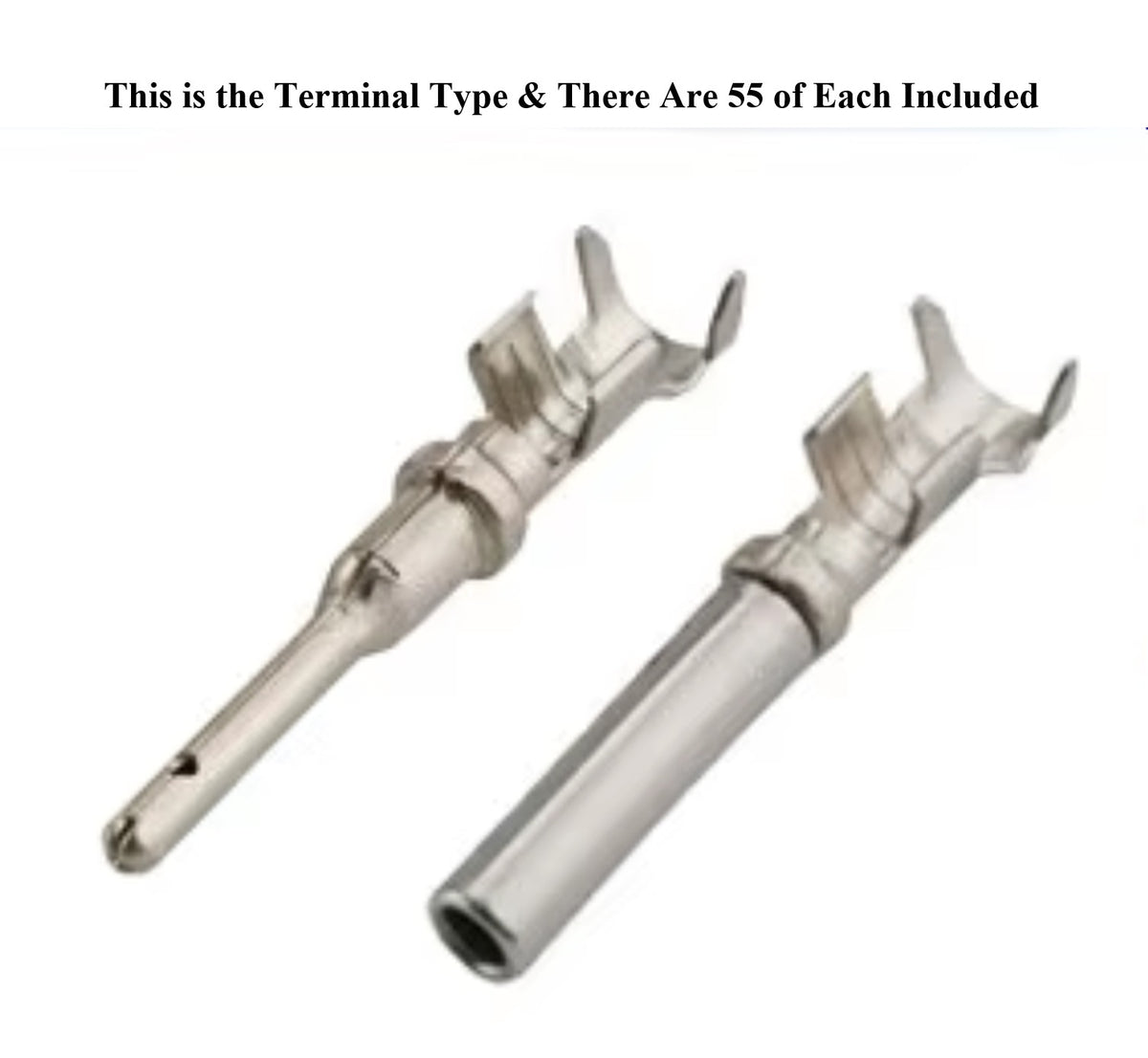 Two metallic terminal connectors shown on a white background with text at the top reading 'This is the Terminal Type & There Are 55 of Each Included'.