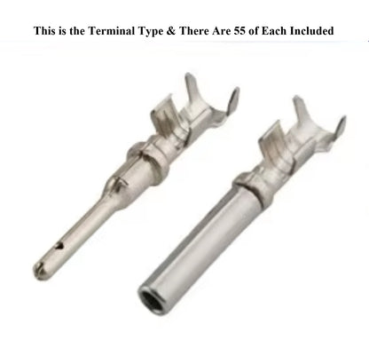 Two metallic terminal connectors shown on a white background with text at the top reading 'This is the Terminal Type & There Are 55 of Each Included'.