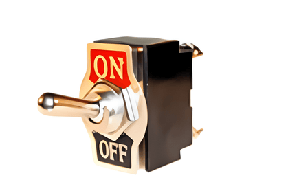 12V toggle switch with a chrome metal lever black casing and red ON and black OFF indicator plate