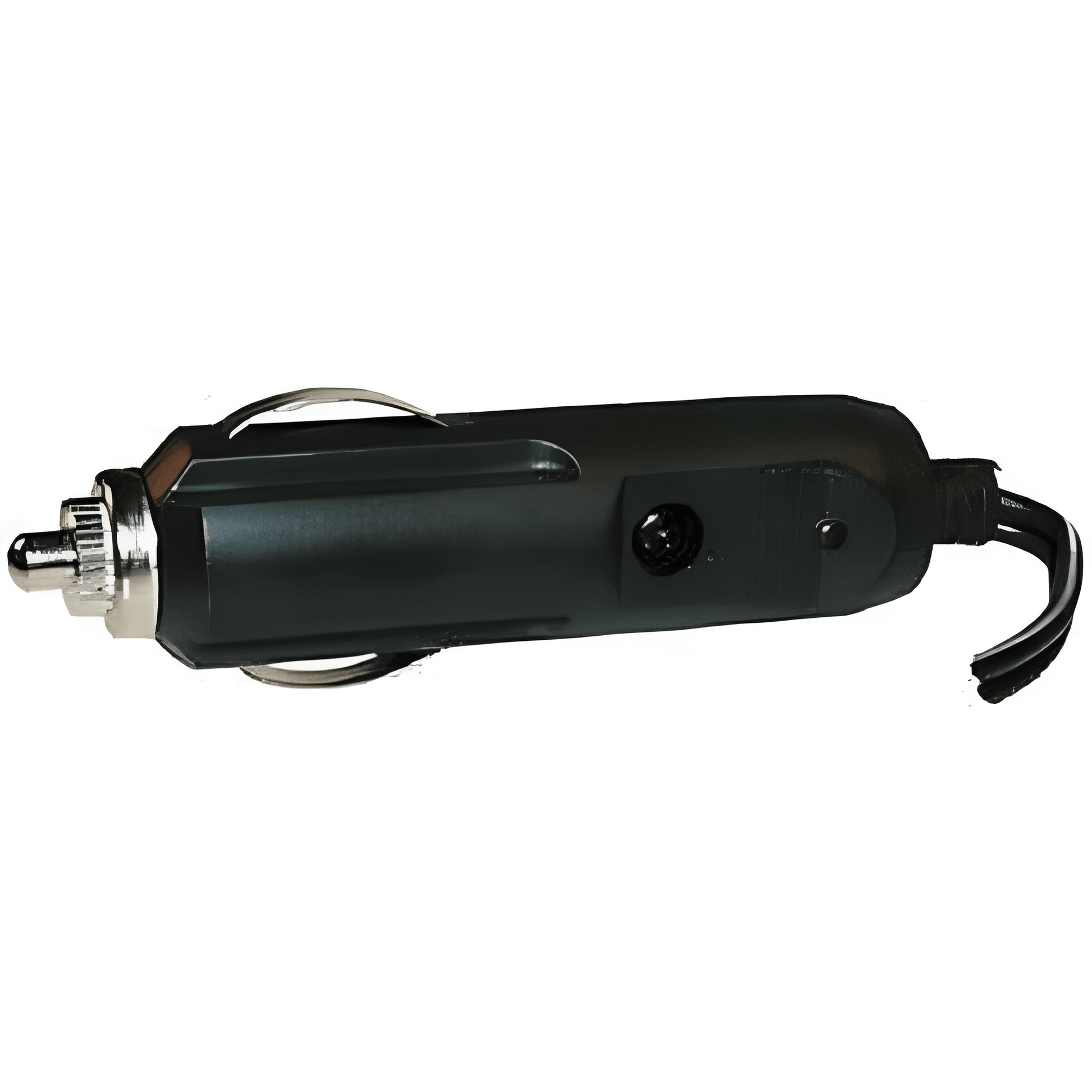 Black car charger with silver connector on a white background