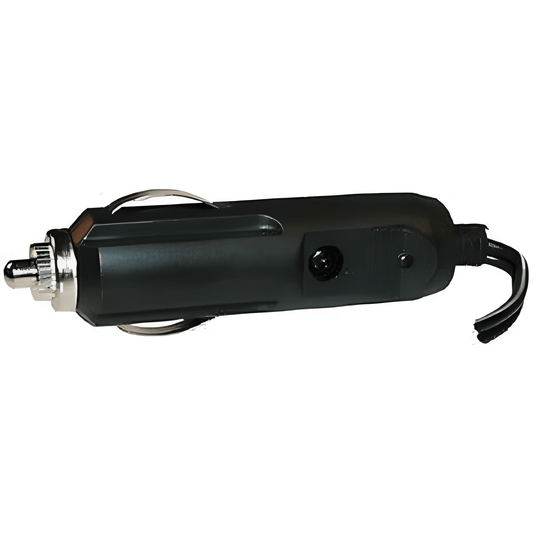 Black car charger with silver connector on a white background