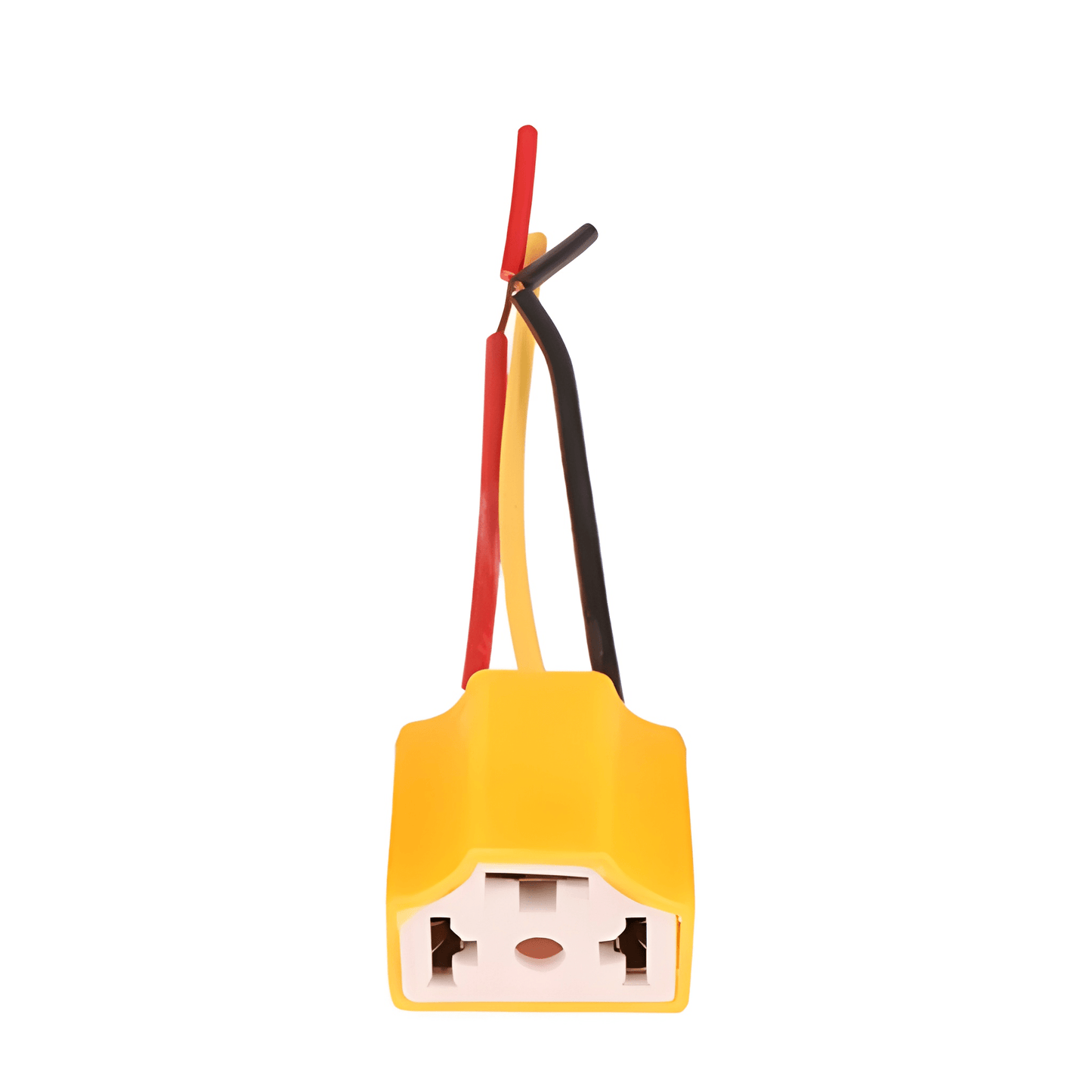 Frontal profile of the MURE H4 socket displaying the standard 3-pin ceramic configuration and pre-stripped wiring leads for plug-and-play setup.
