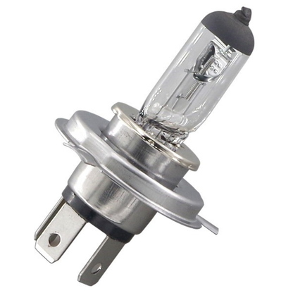 A single H4 halogen bulb with a clear glass enclosure and metal base plate, designed for use in vehicle headlights or work lamps.