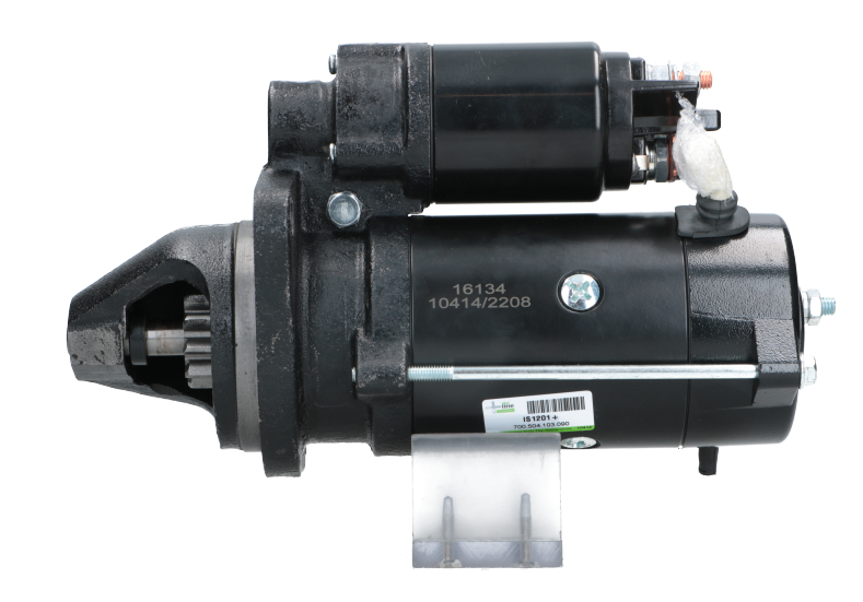 Black automotive starter motor on a white background