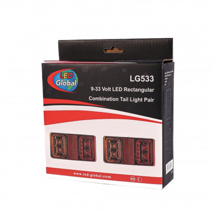 2 x 12v 24v LED REAR LAMPS RECTANGULAR WITH STOP TAIL INDICATOR, REFLECTOR LIGHTS LED GLOBAL LG533