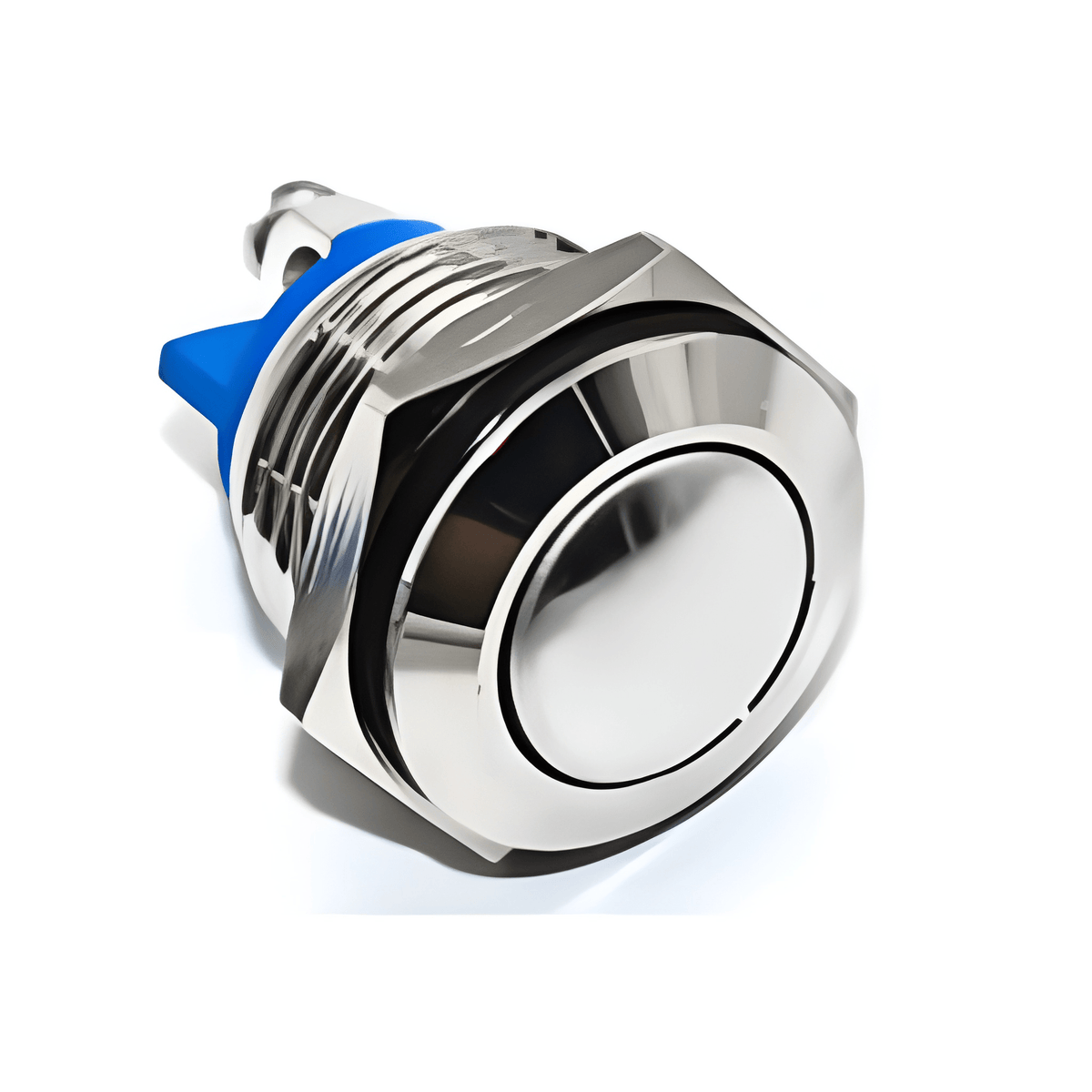 MURE K5891 16mm flush head momentary metal push button silver and blue on a white background