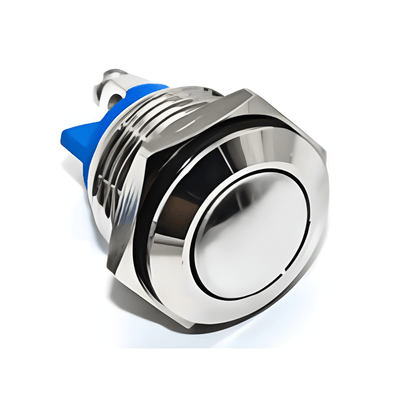 MURE K5891 16mm flush head momentary metal push button silver and blue on a white background