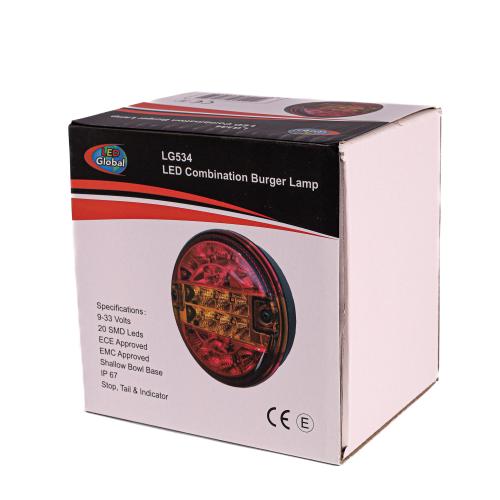 box packaging of LED Burger Hamburger Combination Tail Light with Dynamic Indicator Stop, Tail, Fog, Reverse, Reflector  ECE and EMC Approved LED Global LG534