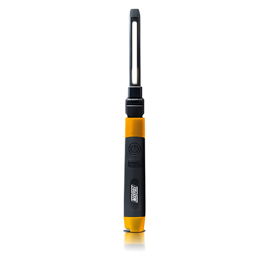Front view of Maypole MP4057 rechargeable slimline foldable LED inspection hand lamp with yellow handle base and power button