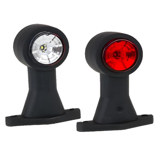 Two black stalk marker lights, one with a white light and the other with a red light, on a white background.