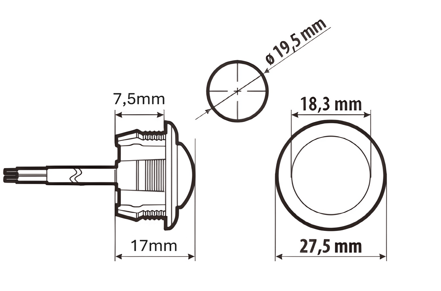 measurement digram for 10-30V LED ROUND MARKER LIGHT CLEAR 2PC Button Marker Pre Wired ECE IP67 Approved LED GLOBAL LG122 Clear