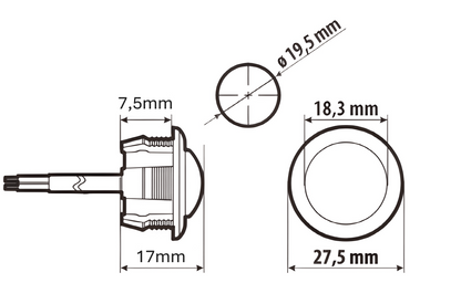 measurement digram for 10-30V LED ROUND MARKER LIGHT CLEAR 2PC Button Marker Pre Wired ECE IP67 Approved LED GLOBAL LG122 Clear