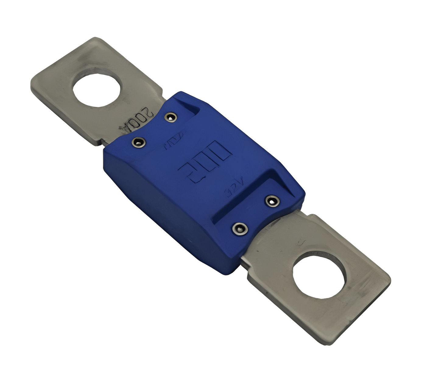 Blue mega electrical fuse with metal contacts on a white background 200 amp