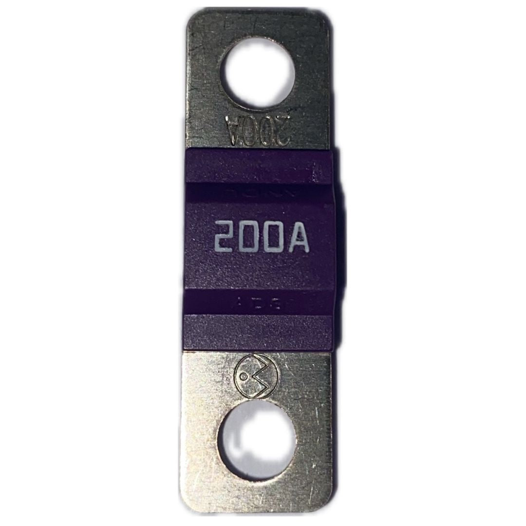 Metallic fuse with '200A' rating on a white background