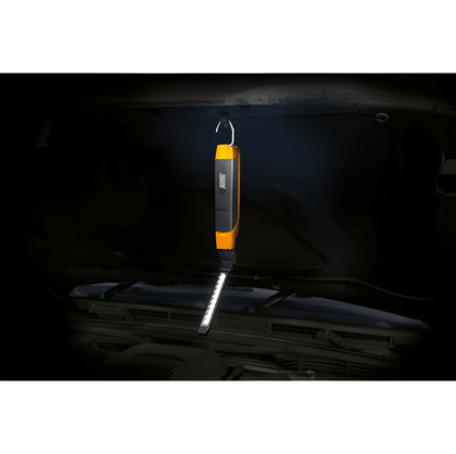 Maypole MP4057 LED slimline foldable inspection hand lamp wand black and orange with LED torch illuminating a car engine