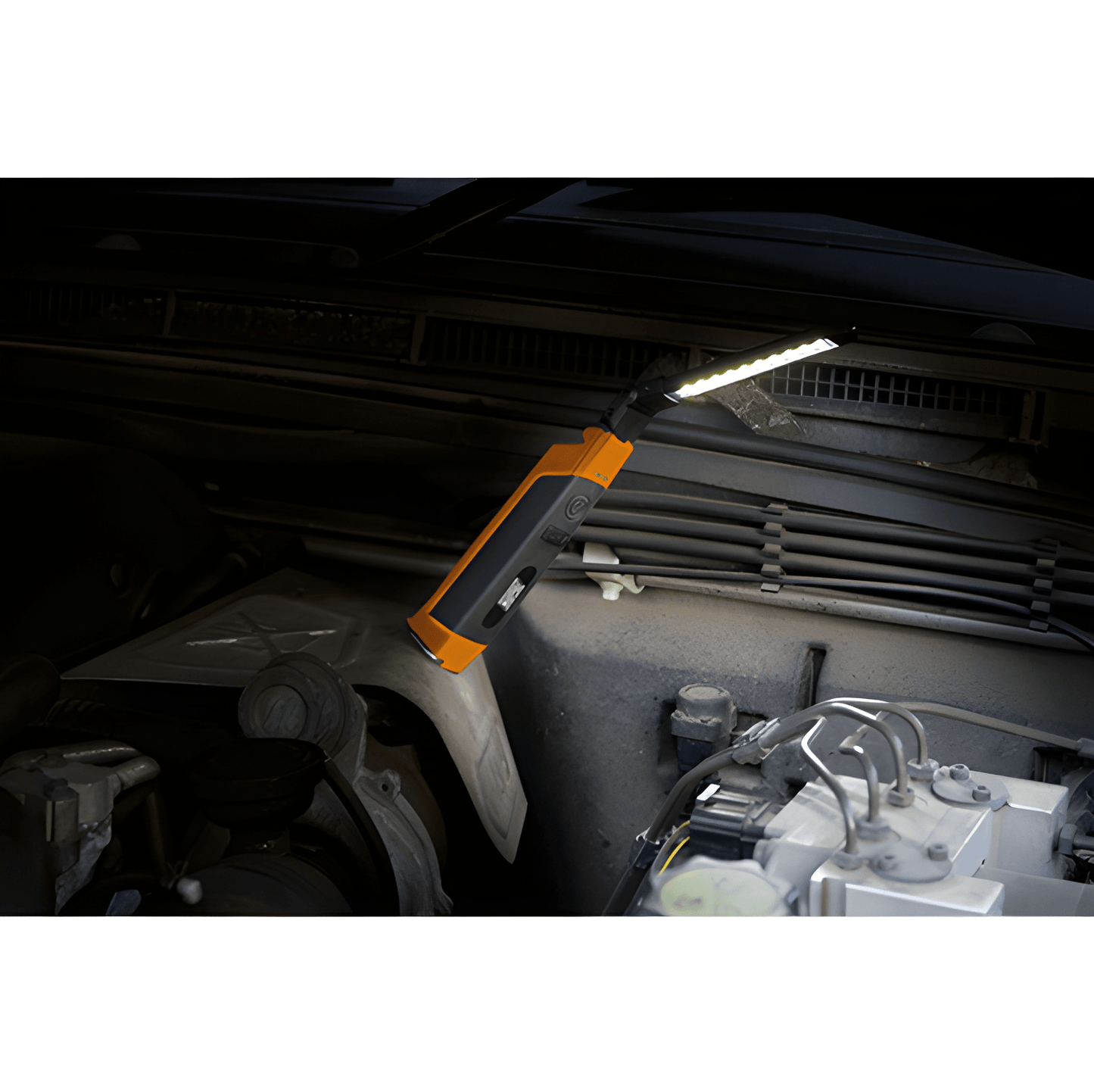 Maypole MP4057 LED Slimline Foldable Inspection Hand Lamp Wand illuminating a dark engine bay