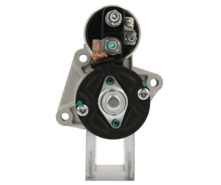 back view of a 12v starter motor with 10 teeth and 1.1kw of power on a white background