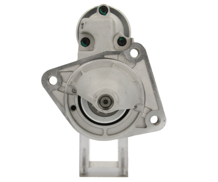 front view of a 12v starter motor with 10 teeth and 1.1kw of power on a white background