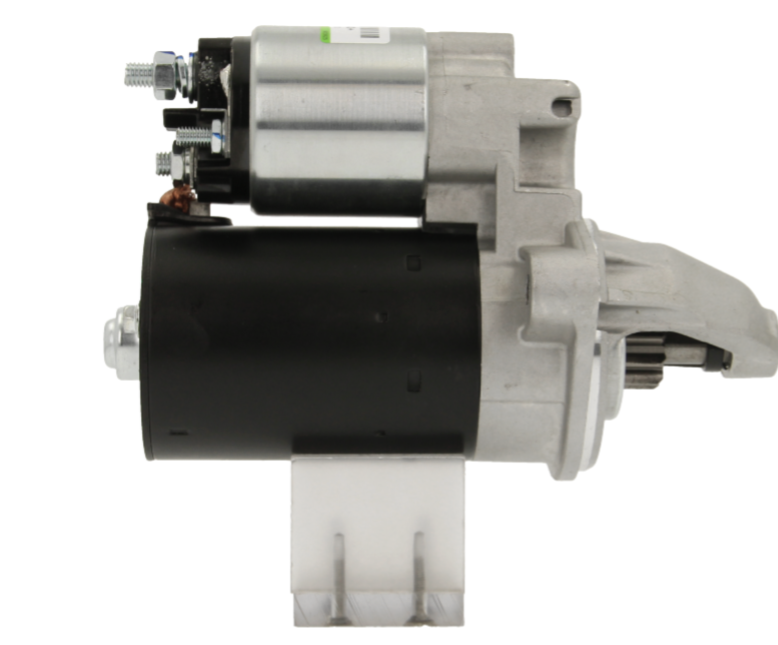side view of a 12v starter motor with 10 teeth and 1.1kw of power on a white background