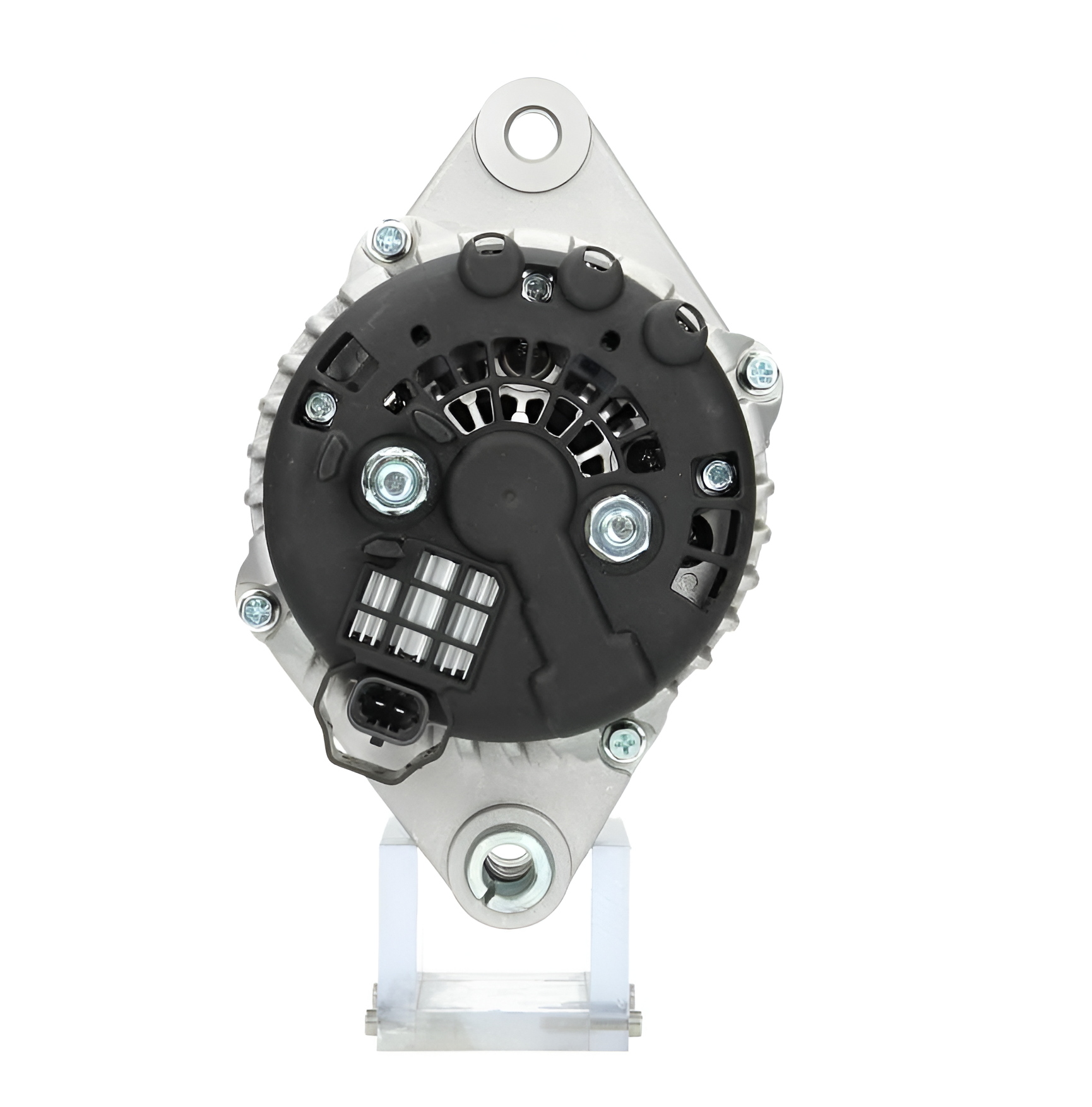 rear view of a Car alternator on a white background