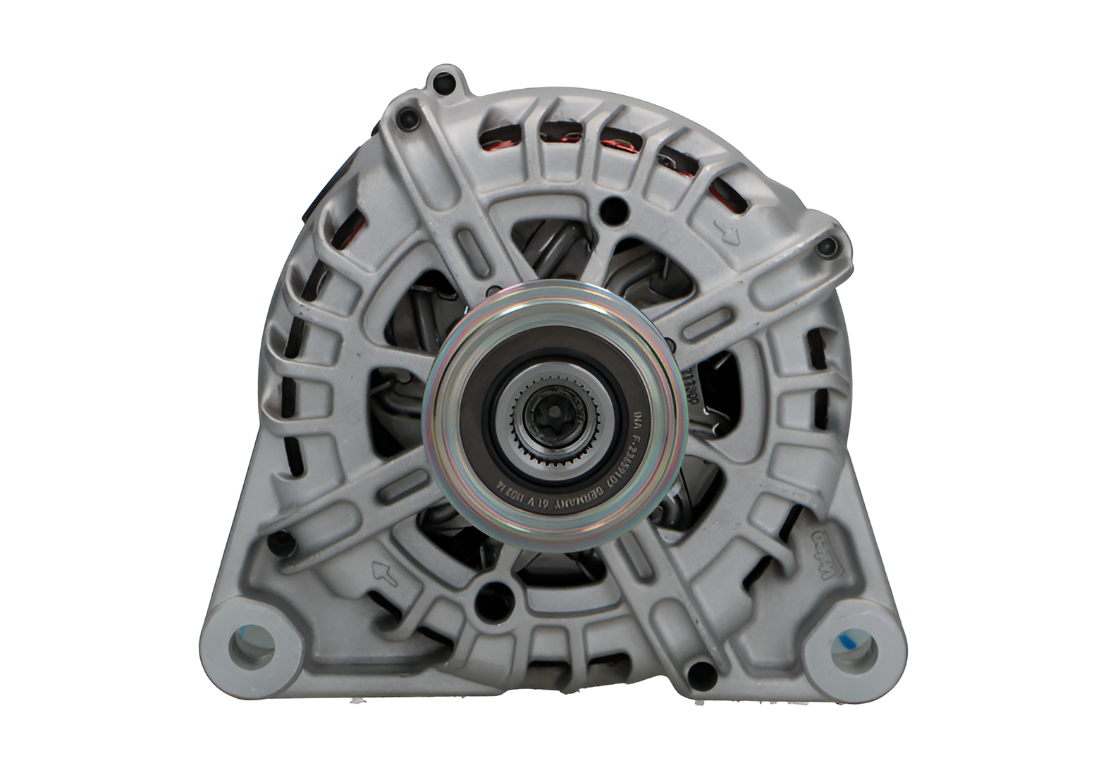 front view of a Car alternator on a white background