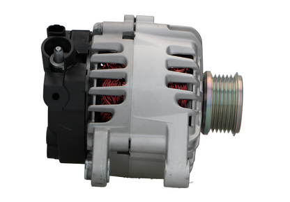 side view of a Car alternator on a white background