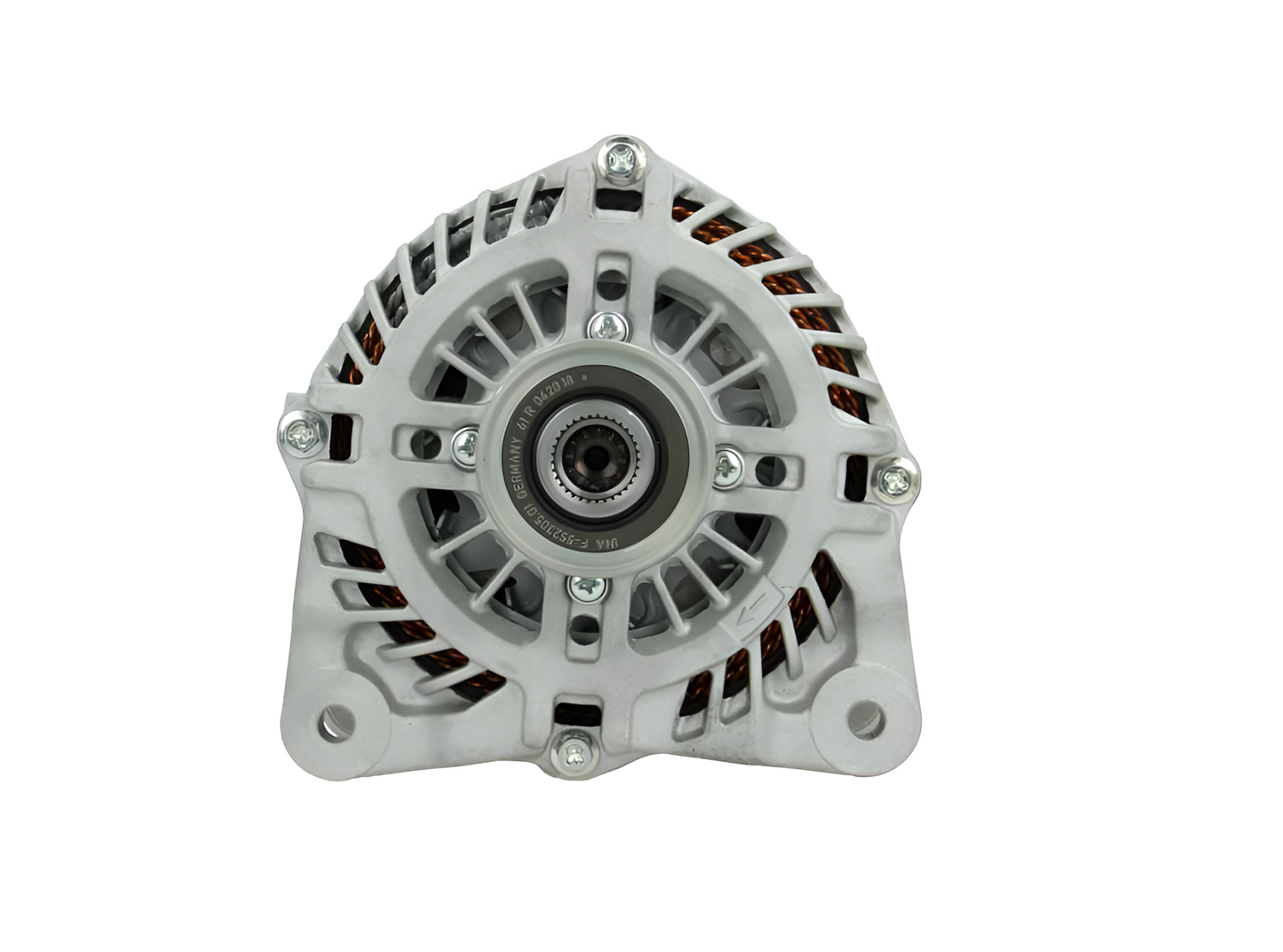 front view of a Car alternator on a white background
