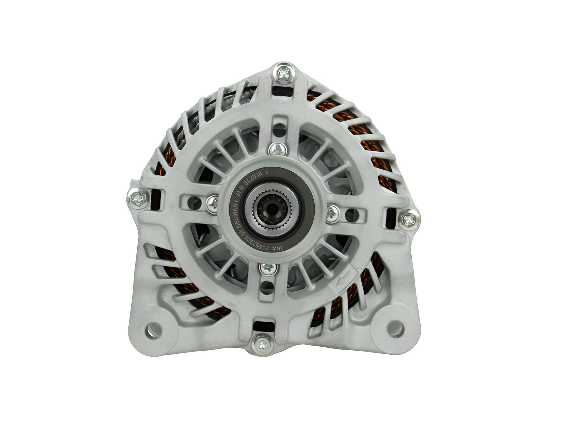front view of a Car alternator on a white background