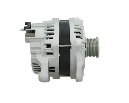 side view of a Car alternator on a white background