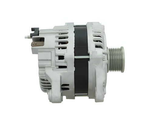 side view of a Car alternator on a white background