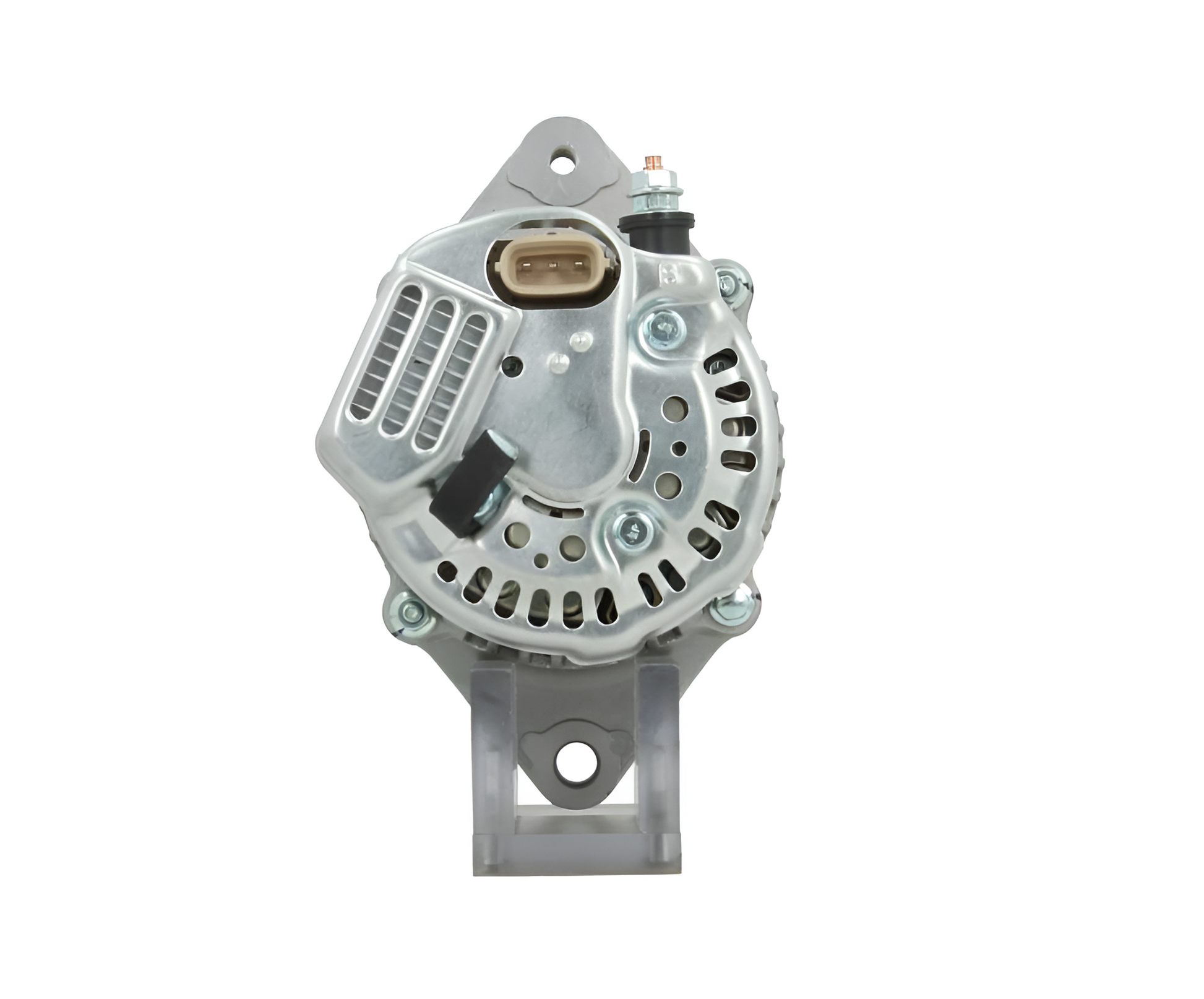 rear view of a Car alternator on a white background