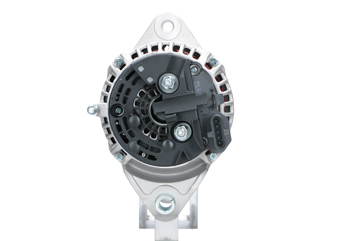 Rear view of an automotive alternator featuring a silver metal casing and black plastic terminal cover