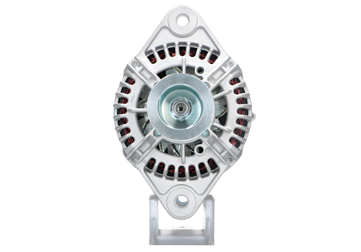 Front view of a silver automotive alternator with central pulley and copper windings by MURE