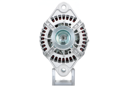 Front view of a silver automotive alternator with central pulley and copper windings by MURE