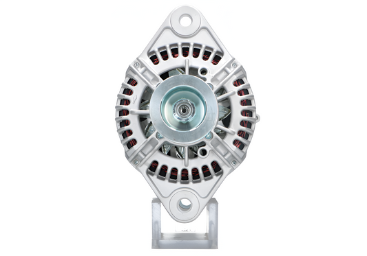 Front view of a silver automotive alternator with central pulley and copper windings by MURE