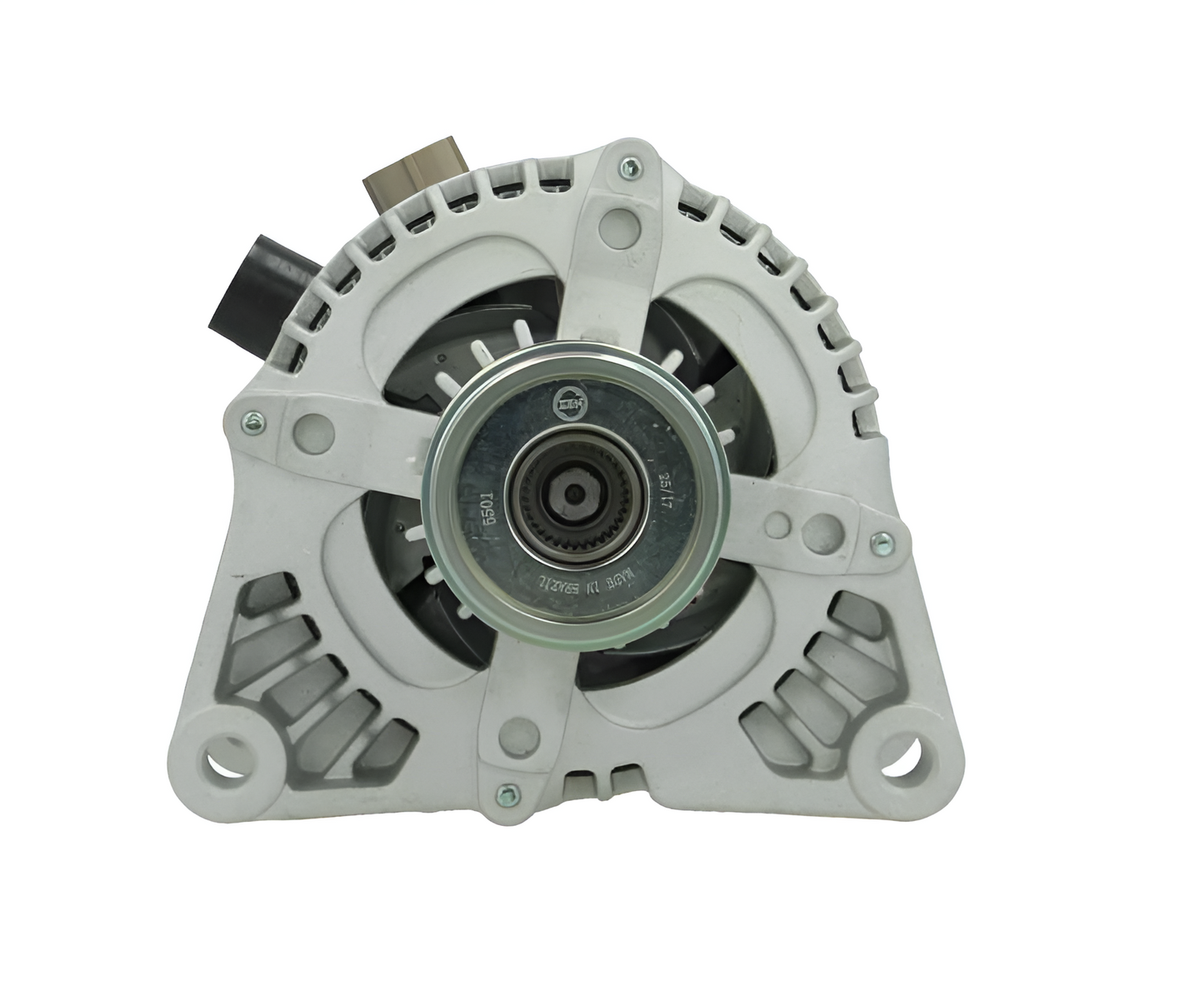 front view of a Car alternator on a white background