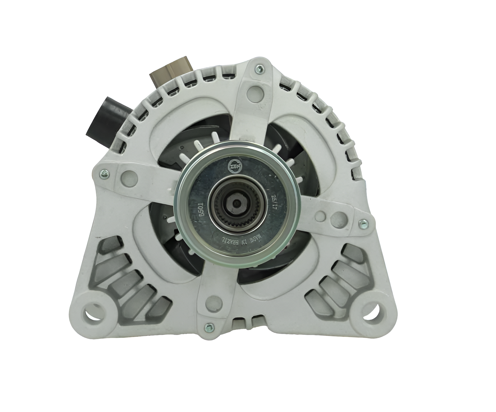 front view of a Car alternator on a white background