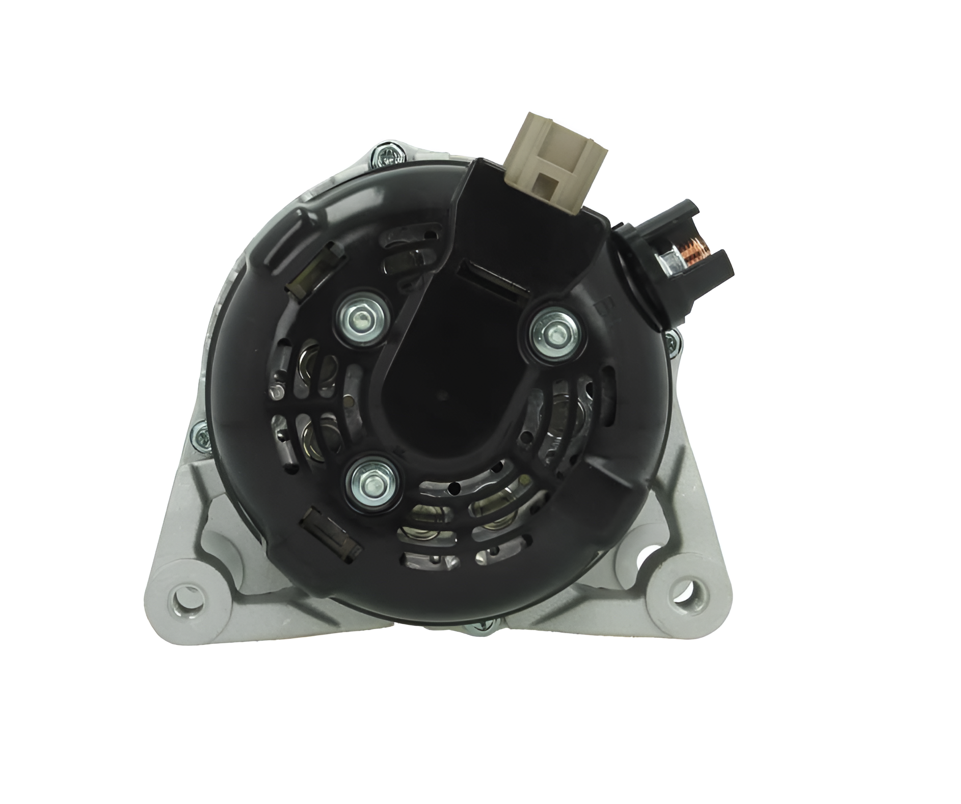 rear view of a Car alternator on a white background