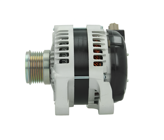 side view of a Car alternator on a white background