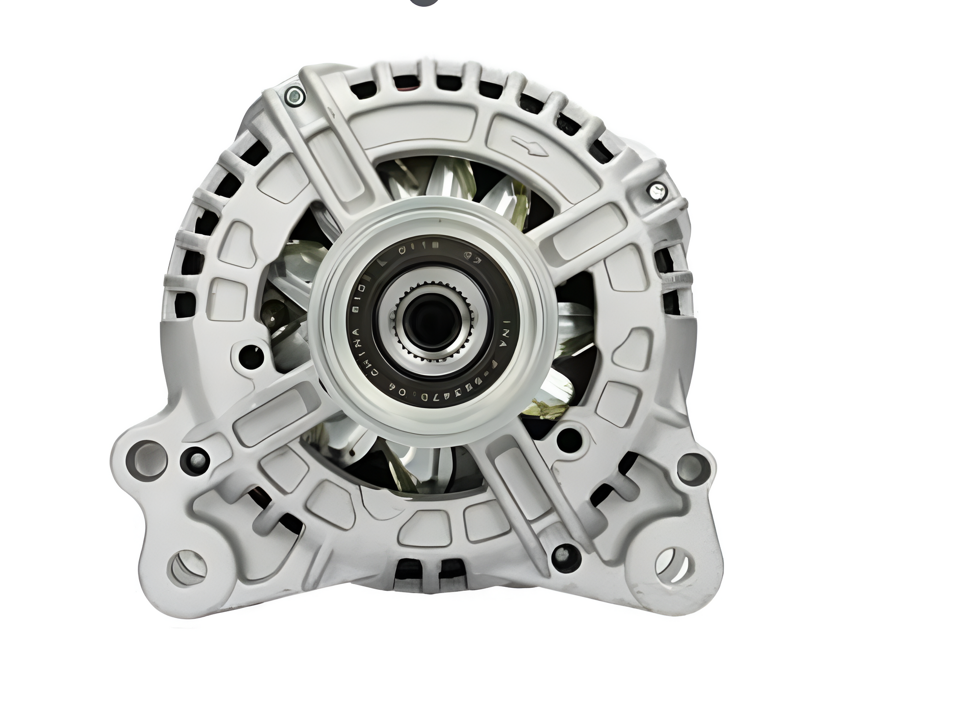 front view of a Car alternator on a white background