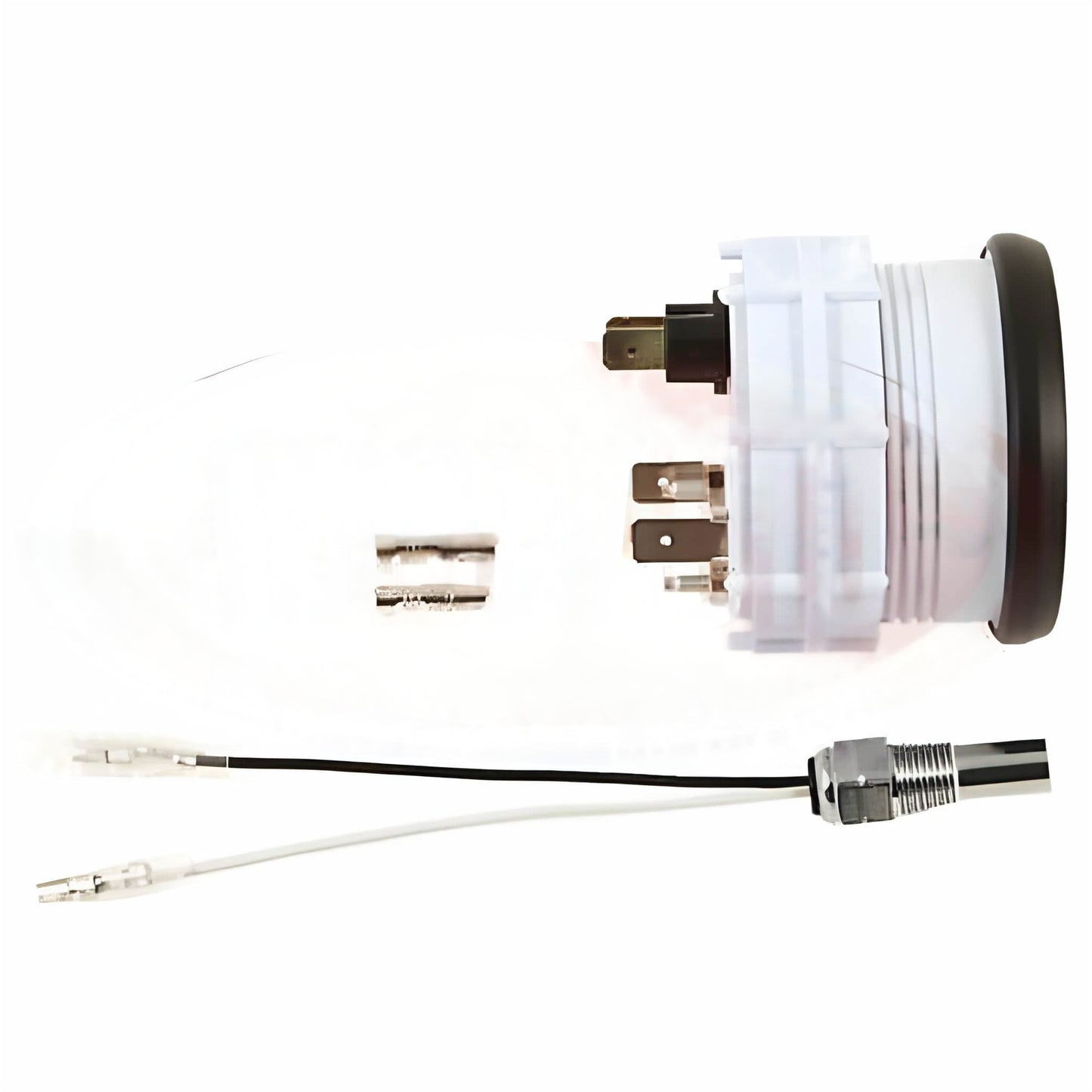 side view of temperature gauge  including a plug, socket, and wiring on a white background