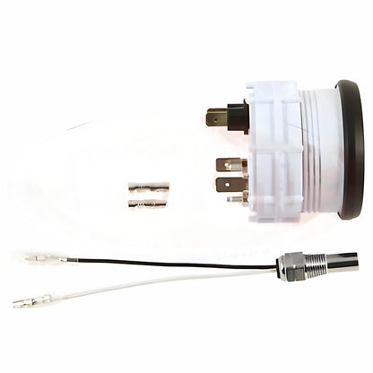 side view of temperature gauge  including a plug, socket, and wiring on a white background